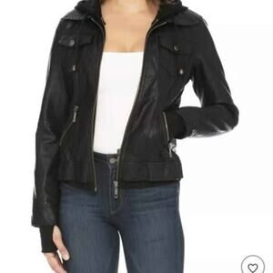 Coalition LA Vegen Lead Leather Hooded Jacket Black Faux Leather Zip Womens Smal